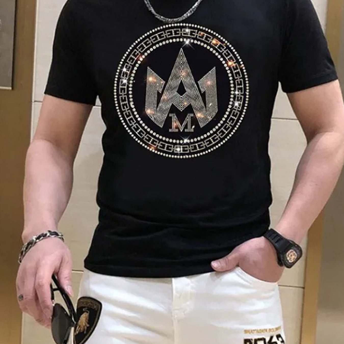 Men's With Rhinestone 'a' Design - Bohemian Neck Short Sleeve, Stretch Fit, Casual Top, Sizes S-6xl, Machine Washable, Versatile Clothing Medium Elasticity