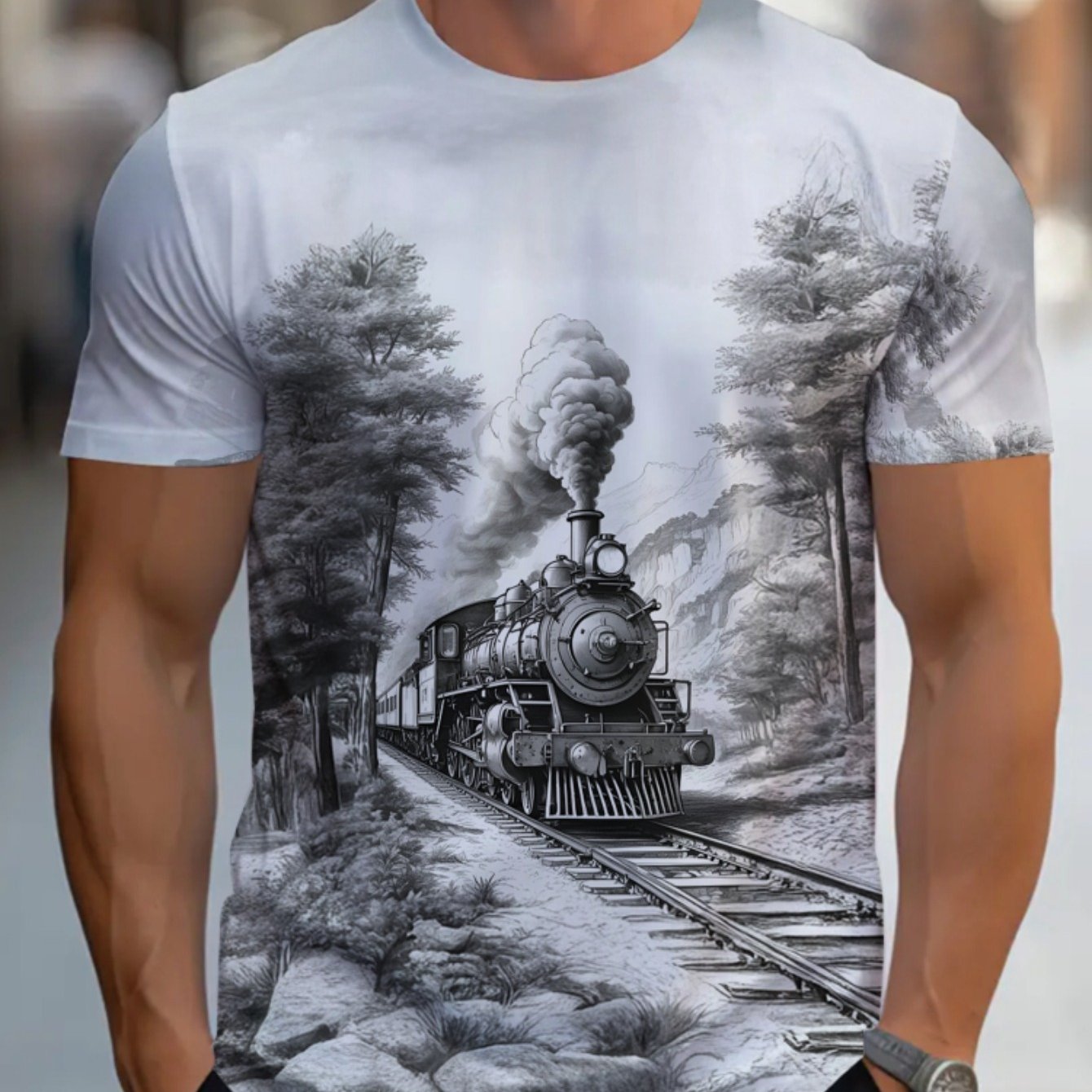 TEMU Men's Lightweight Polyester Short-sleeve T-shirt Featuring A Vintage Steam Train Design, Perfect For Casual Wear At Home, , Or Outdoors. Tone A