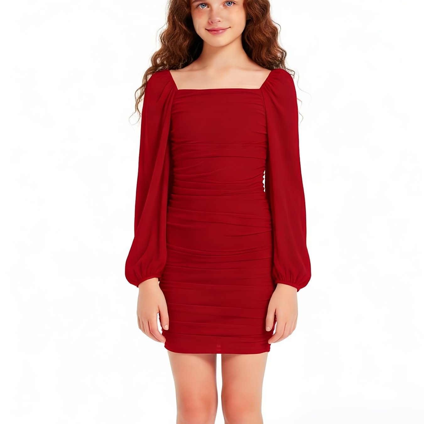 exarus girls ruched bodycon dress teens mesh lantern sleeve party dance  homecoming tight short pencil dresses - kids' fashion - Temu