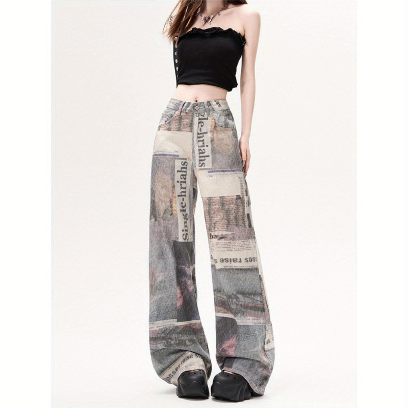 TEMU Newspaper Print Jeans Women Waist Wide Leg Pants