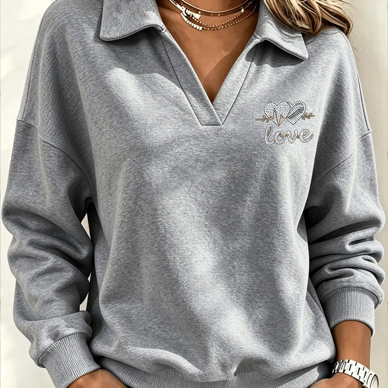 TEMU Women's Lapel Sweatshirt With Artistic Letter Print Pattern - Y2k Fashion Casual Sport Long Sleeve Pullover, New -lined Style For Autumn/winter