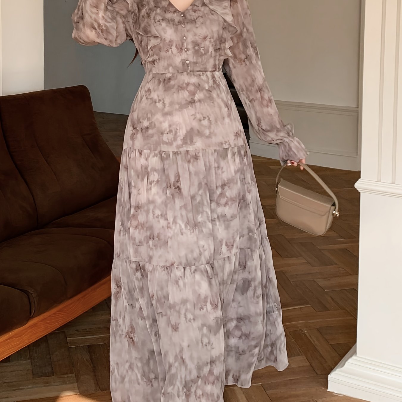E-shop Style, sanftes, -ähnliches Kleid, grau-lila Ombre, Rüschen, lange Ärmel, V-Ausschnitt, Damen Schlagrock, geeignet für Nachmittagstee,