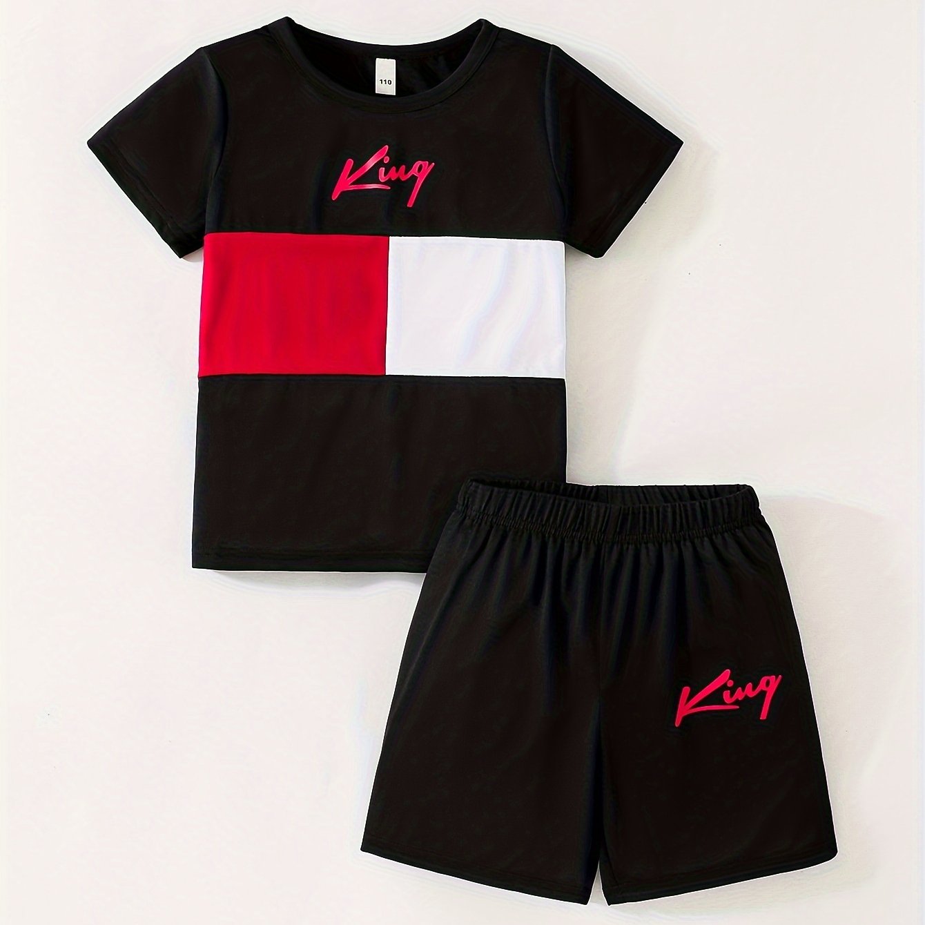 TEMU 2pcs-targeted Development Summer Boys Black, Red And White Monogrammed Printed Fashion Sets