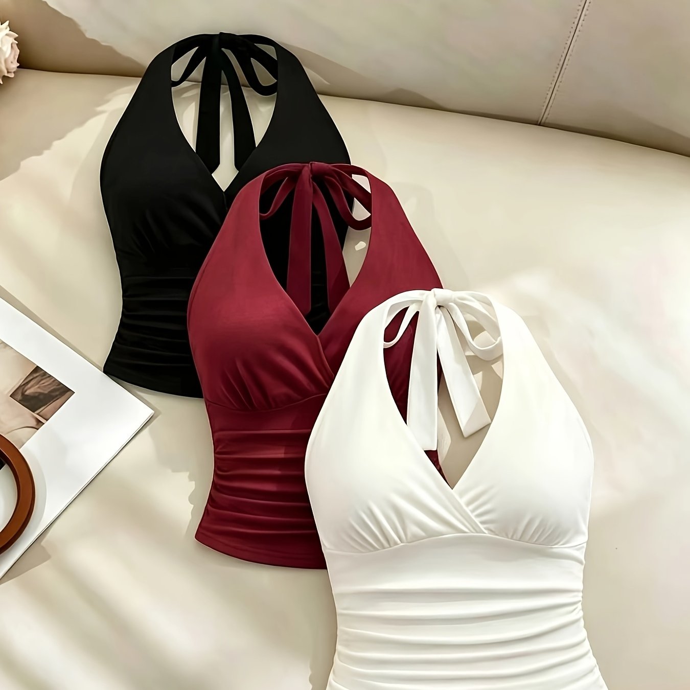 TEMU 2026 Women's 3pcs Spring/summer -neck Elegant Niche Design Off-shoulder Halter Tie-back Top