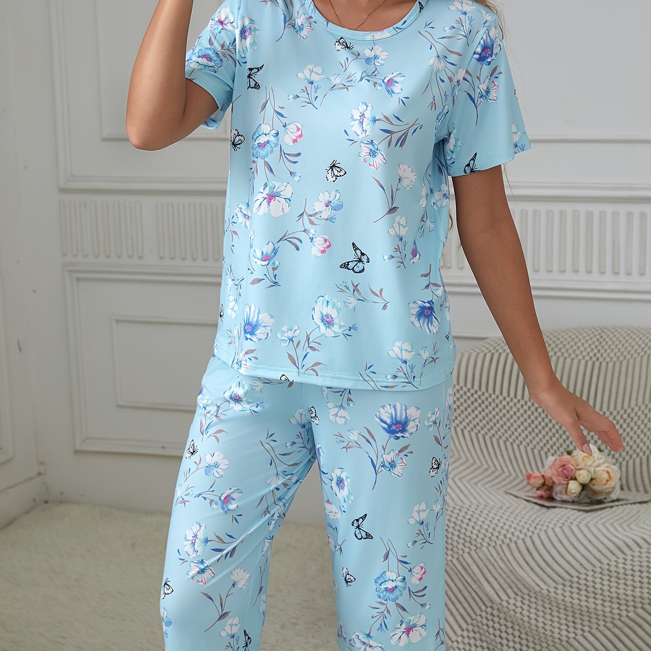 TEMU Women's Floral Bow Romantic Print Short Sleeve Capri Pants 2pcs Comfortable Pajama Set