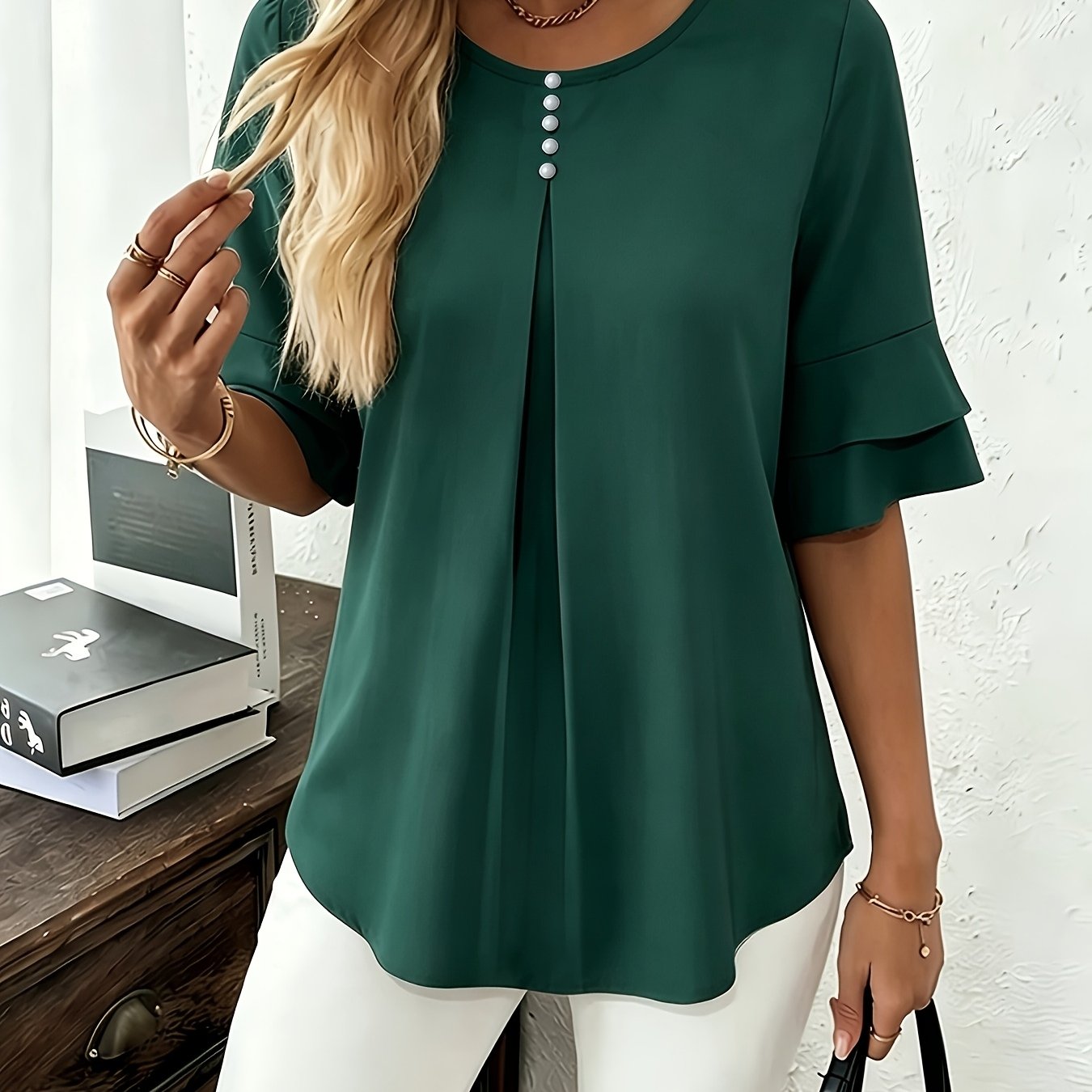 Elegant Flared Sleeve Shirt, Summer Loose Solid Round Neck Top