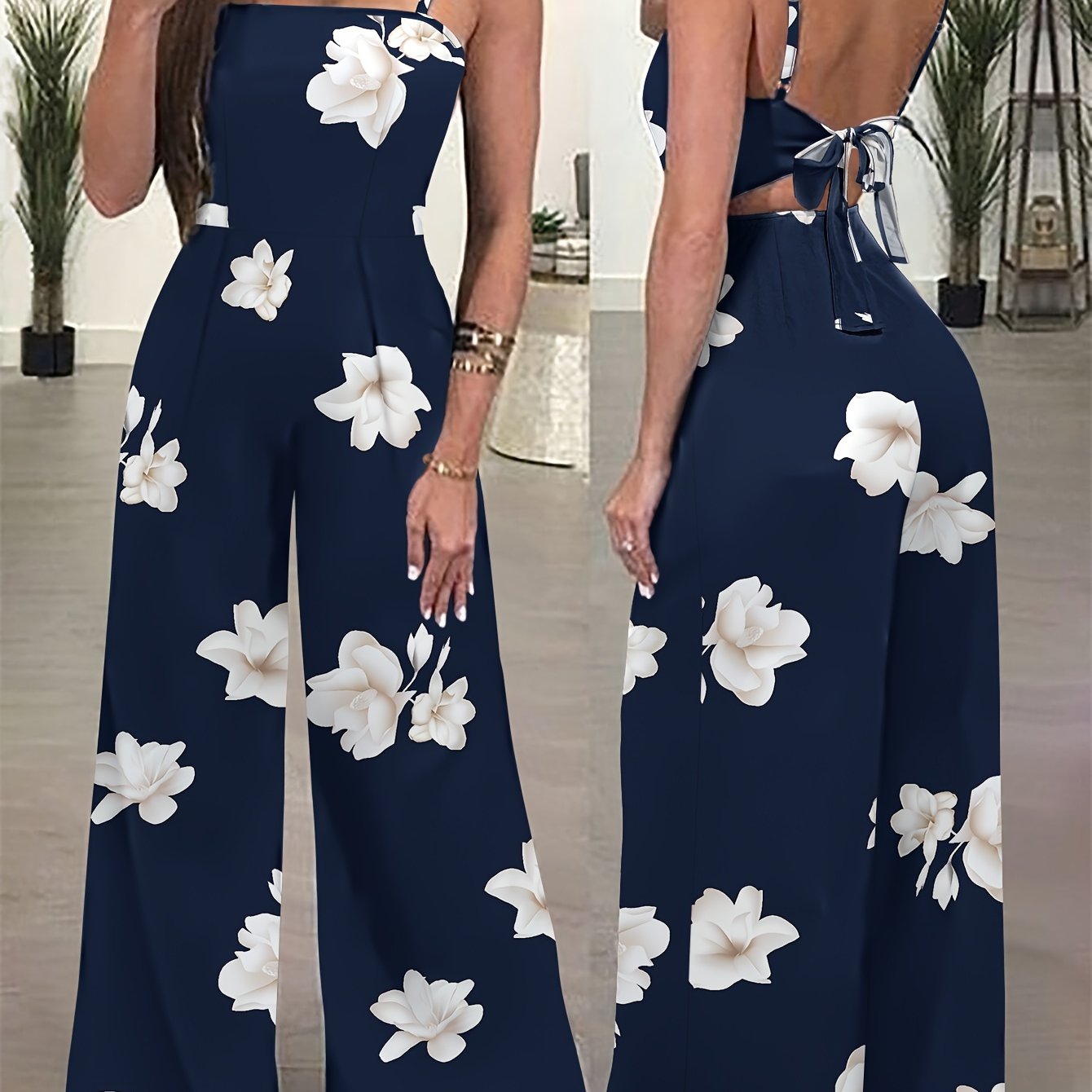 Elegant Floral Print Women's Jumpsuit, Summer Sleeveless Camisole Romper, Adult Fashion Wide-leg Pants