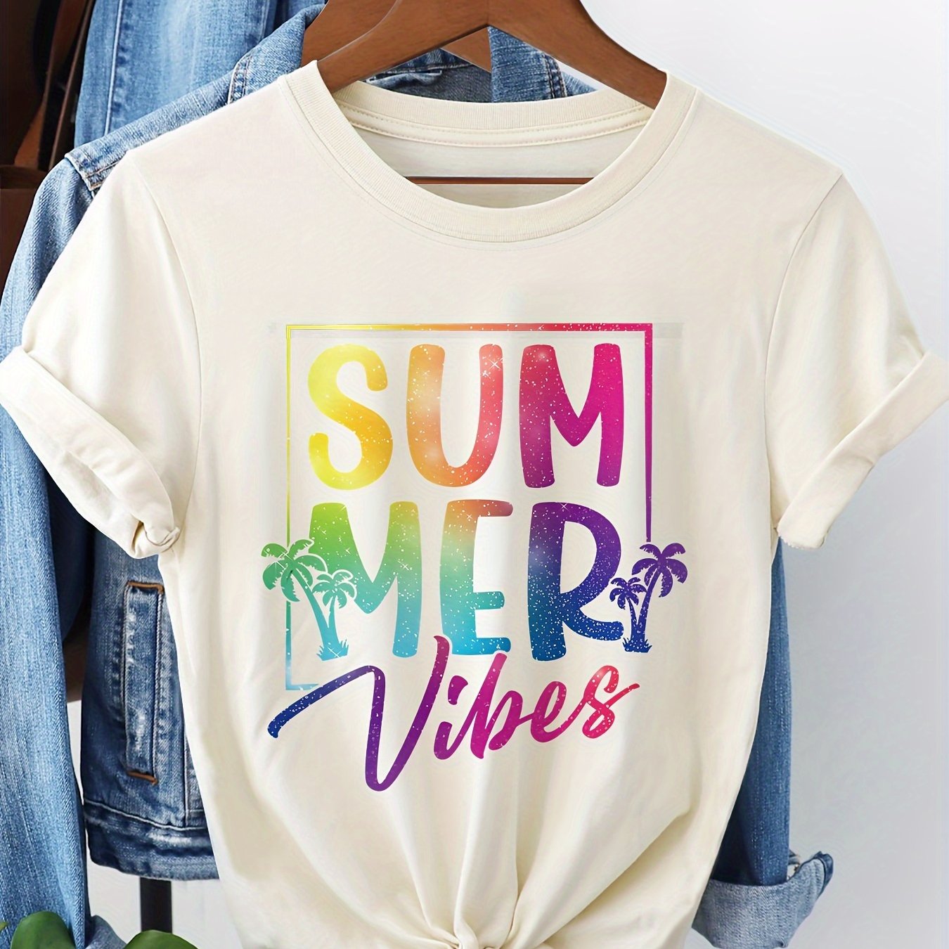 Print T-shirt, Short Sleeve Crew Neck Casual Top For Summer & Spring, Women's Clothing