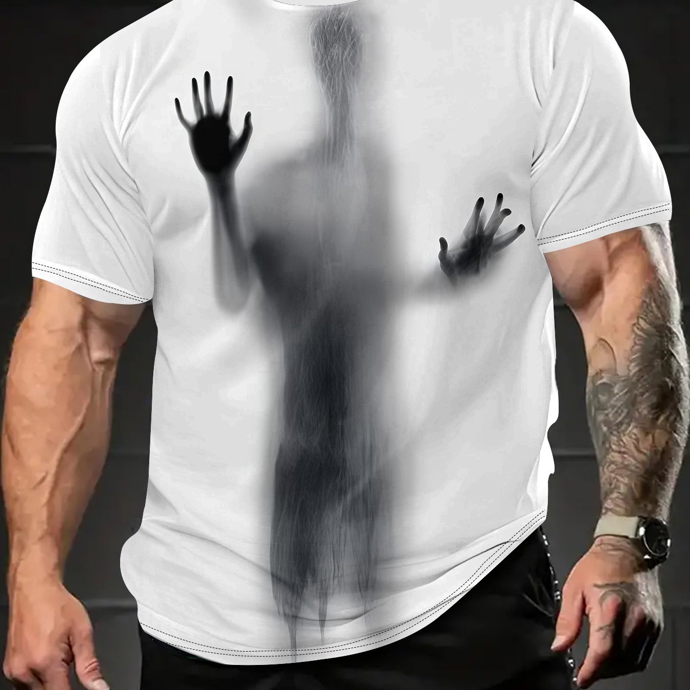 TEMU Halloween Handprint Men's Crew Neck T-shirt – Casual Summer Outdoor Sports & Fitness Apparel, Breathable And Comfortable Design, Perfect For