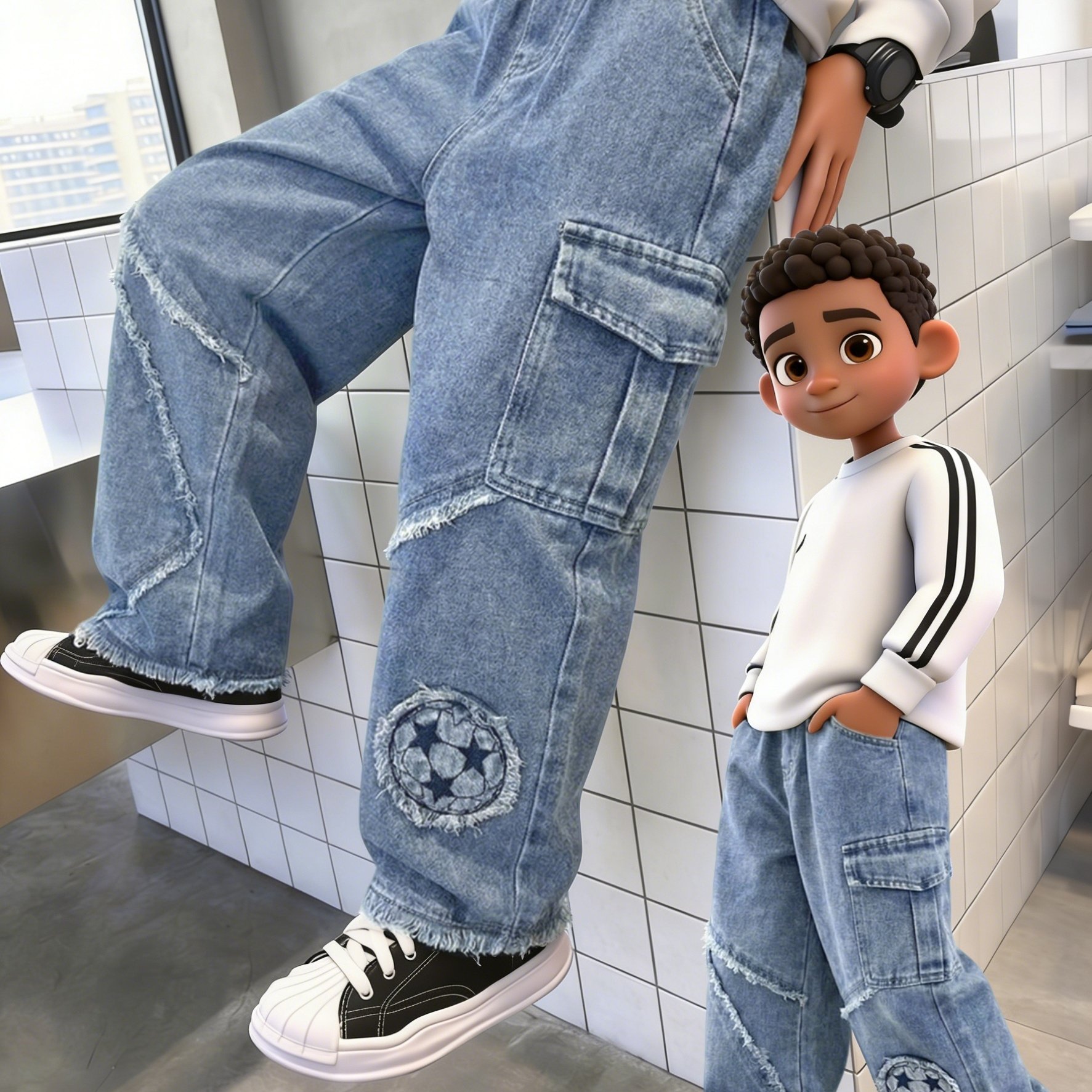 Image of Unisex Workwear Pocket Denim Long Pants For Boys And Girls, With Hem , Star And Soccer Ball Applique Embroidery, Children's Loose-fit Denim Trousers, , Streetwear Style, Daily Wear