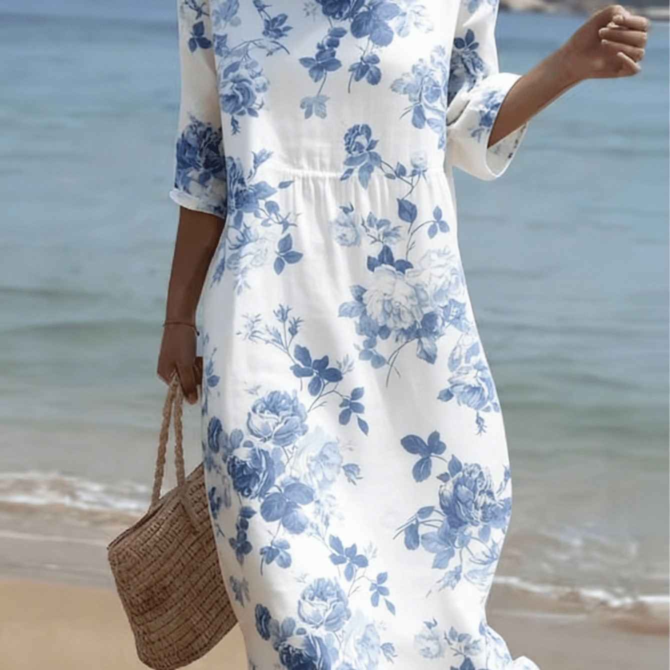 Image of Women's Blue And White Porcelain Style Rose Print Dress, Vintage Floral Pattern 3/4 Sleeve Crew Neck Loose Midi Dress, Elegant Casual Sundress