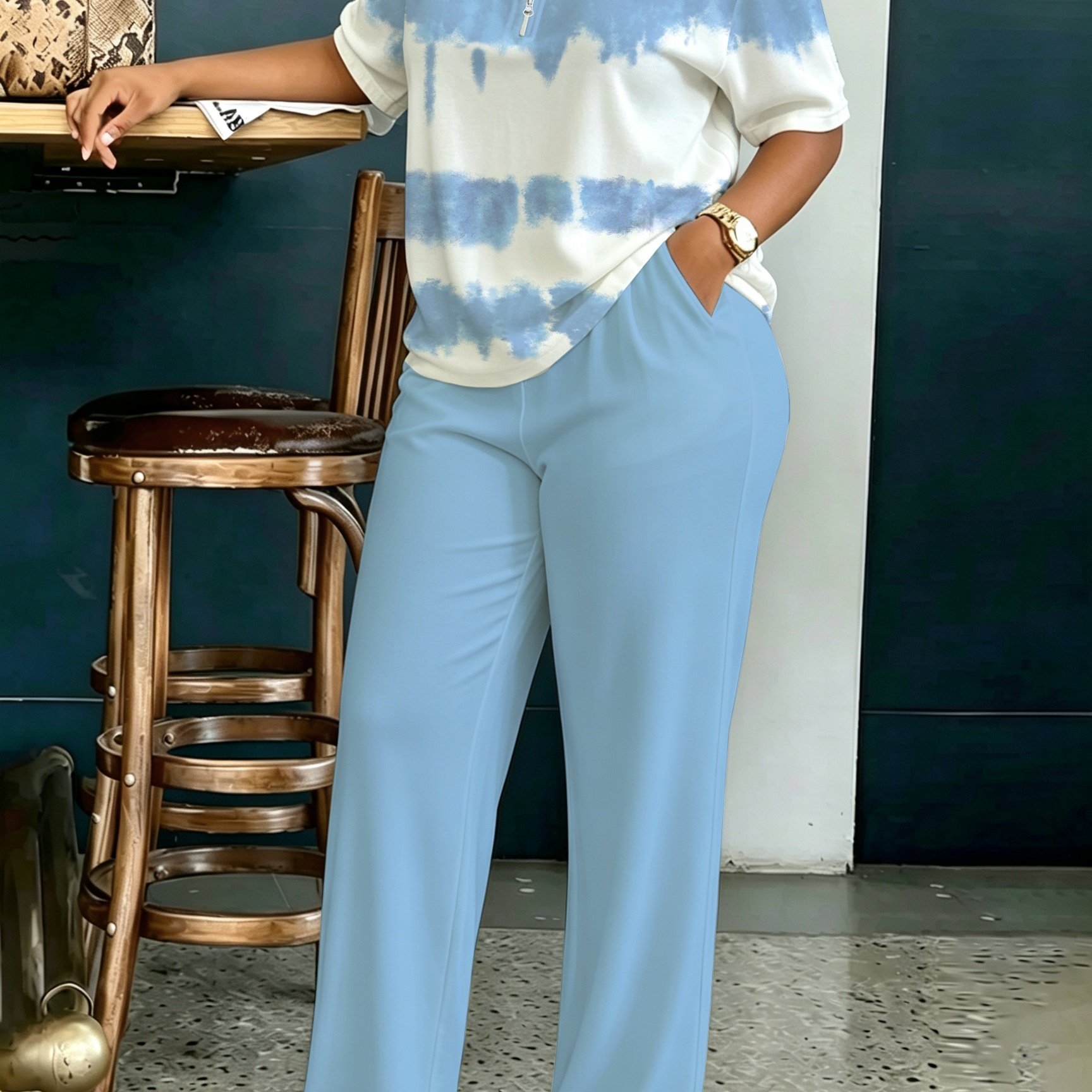 TEMU Plus Size, Plus Size Women's Tie-dye Ink Stripe Print Half-zip Lapel Short-sleeve Sweatshirt   Solid Color Loose Long Pants With Pockets,