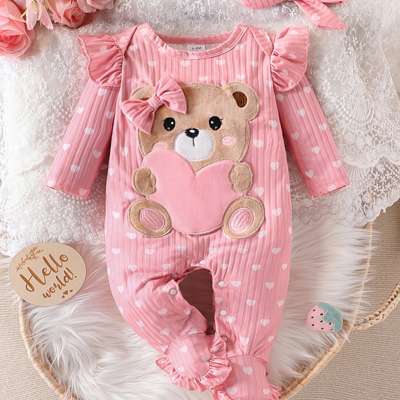 Image of Pink Bear Heart-shaped Bodysuit And Bow Hairband Set - Girls' Long Sleeve Sleeve And Ankle Ruffle Bodysuit, Snap Closure, Spring/autumn Cute Outfit, For Outdoor