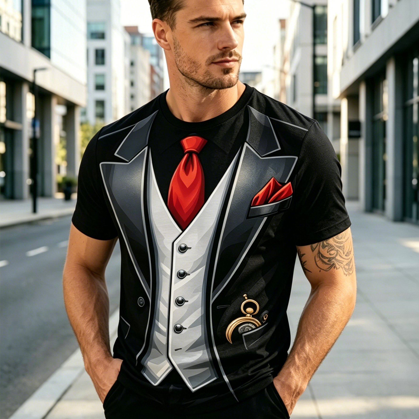 TEMU Men's Fake Suit Vest And Tie Patterned Short-sleeve T-shirt, Formal Suit Pocket Watch Printed Crewneck T-shirt, Fun Casual Top