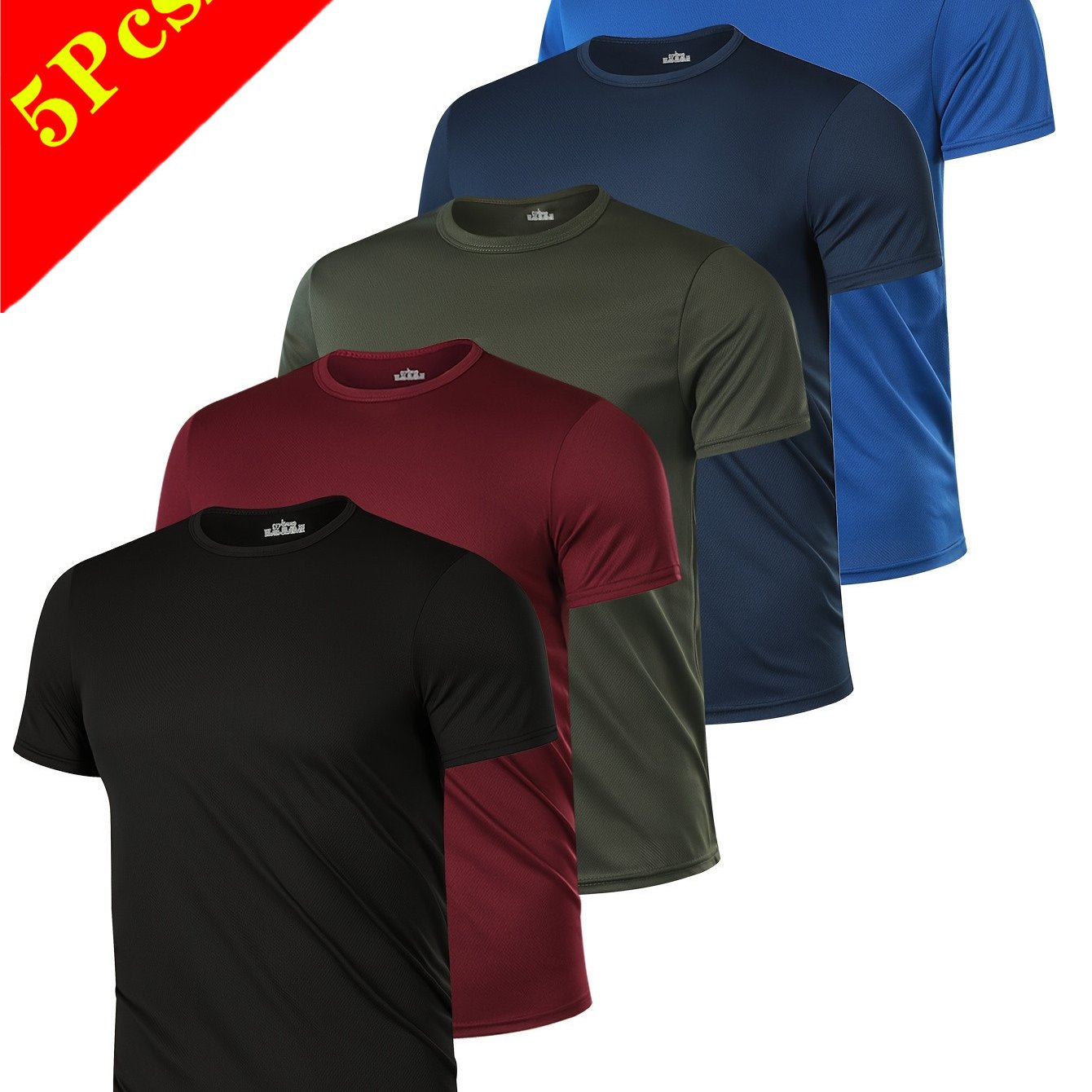 TEMU Set Of 5 High-quality Men's Quick-dry Round Neck T-shirts - From Breathable And Slightly Elastic Material, Offering A Soft And , Ideal For Gym,