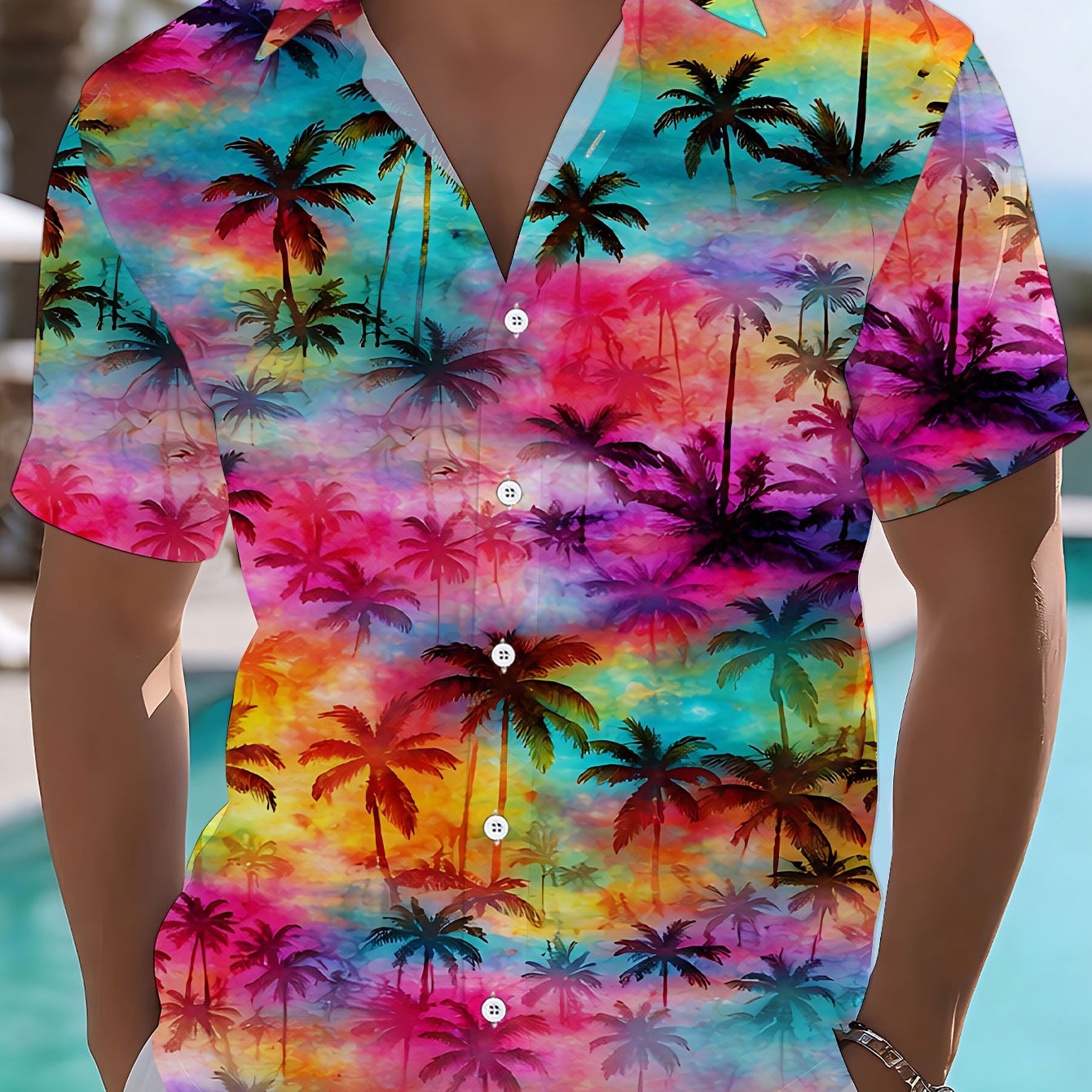 TEMU Men's Casual Standard Size Short-sleeve Shirt With Colorful Palm Tree Pattern, Stylish And Elegant Dopamine Party Top,