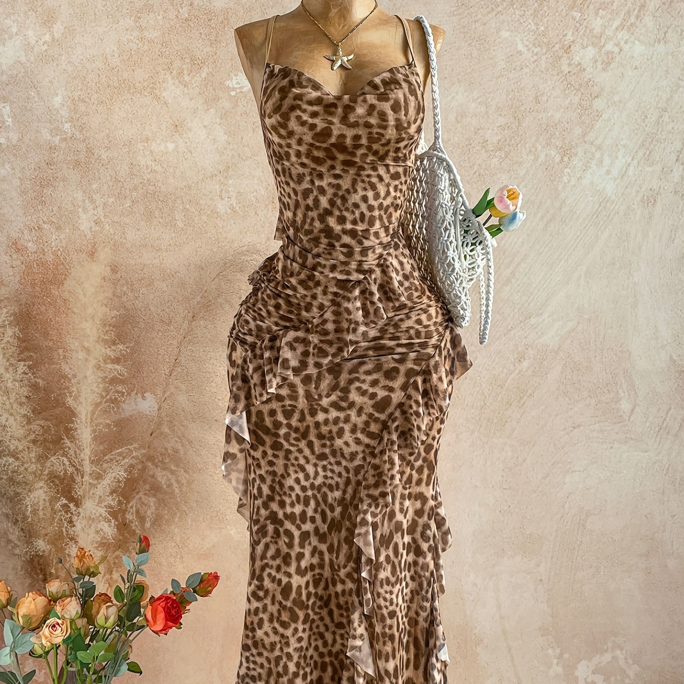 Image of Women's Colorful Vintage Floral Print Drop Neck Layered Ruffle Skirt, , Leopard Print, Elegant Ladies' Dress, Brown Skirt, Women's Vacation Wear