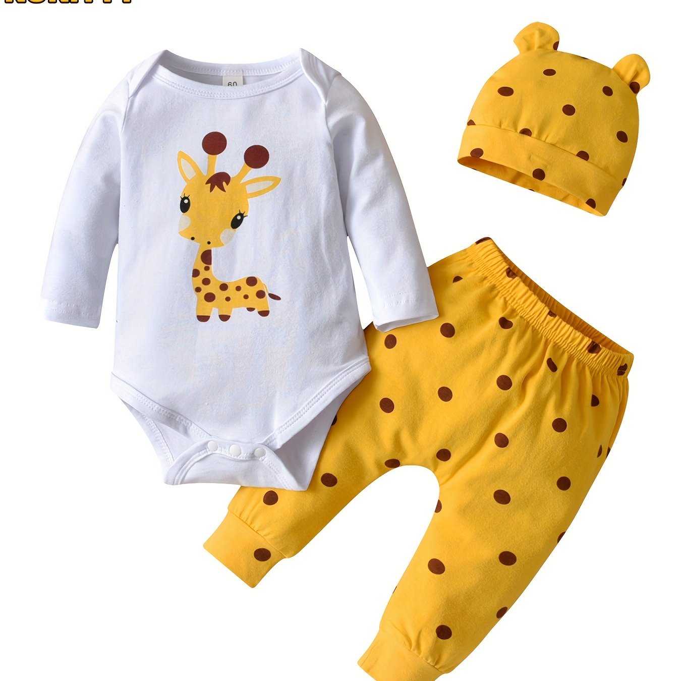 Kukitty Newborn Baby Girl Clothes Long Sleeve Giraffe Print Tops Dot Pants With Hat Infant Outfits Set, For Outdoor