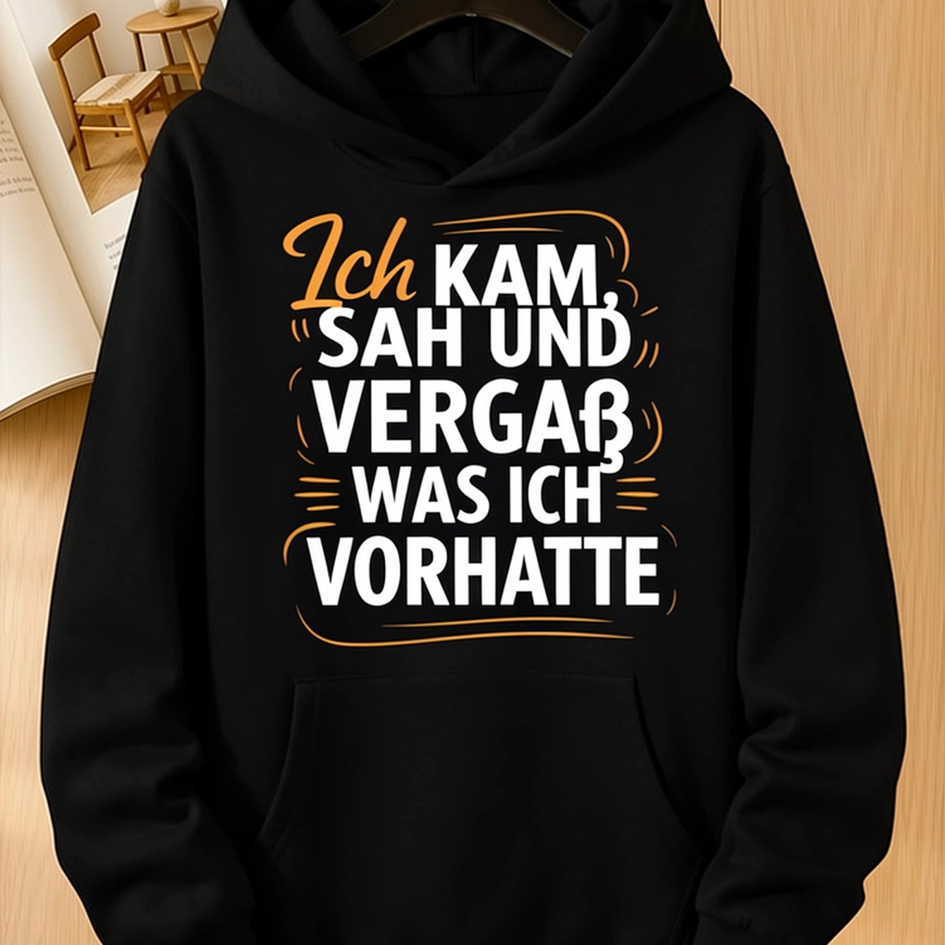 Image of I , I Saw, I Forgot What I Was Quote Hoodie, Unisex Graphic Hooded Sweatshirt, Black Long Sleeve Pullover With Kangaroo Pocket, Funny Casual Streetwear For Fall Winter, Daily Wear, Travel And