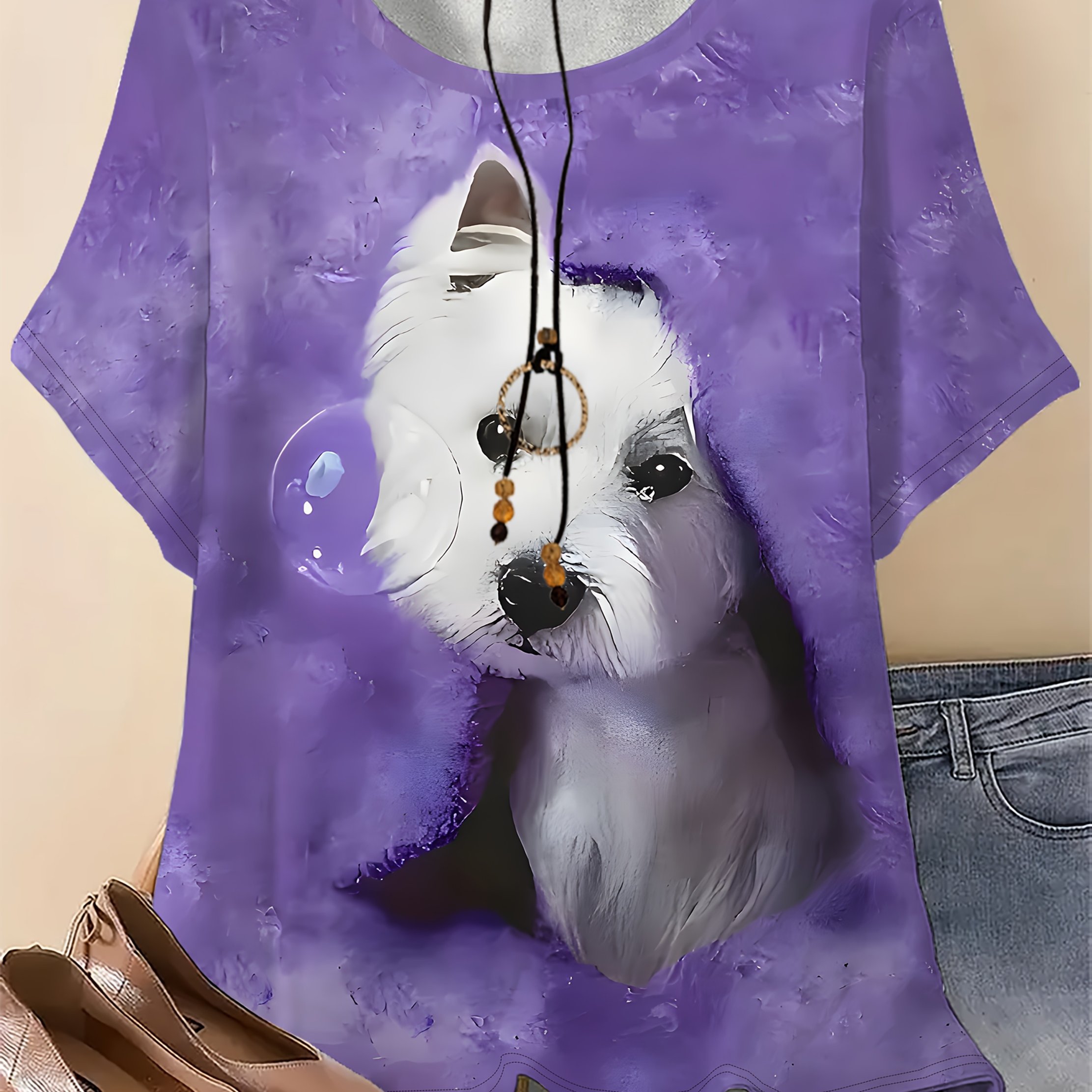 TEMU Plus Size, Plus Size Women's Dog Print T-shirt - Soft Lavender Short Sleeve Round Neck Summer Top With West Highland & , Loose Fit Casual Shirt
