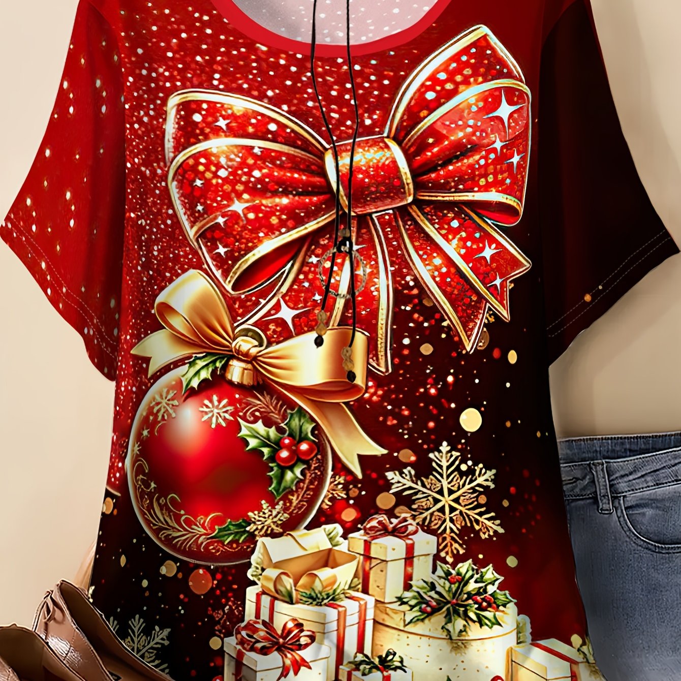 TEMU Plus Size, Plus Size Women's Christmas T-shirt With Red & & Snowflake Print Round Neck Short Sleeve -compatible Top Suitable For Casual Elegant