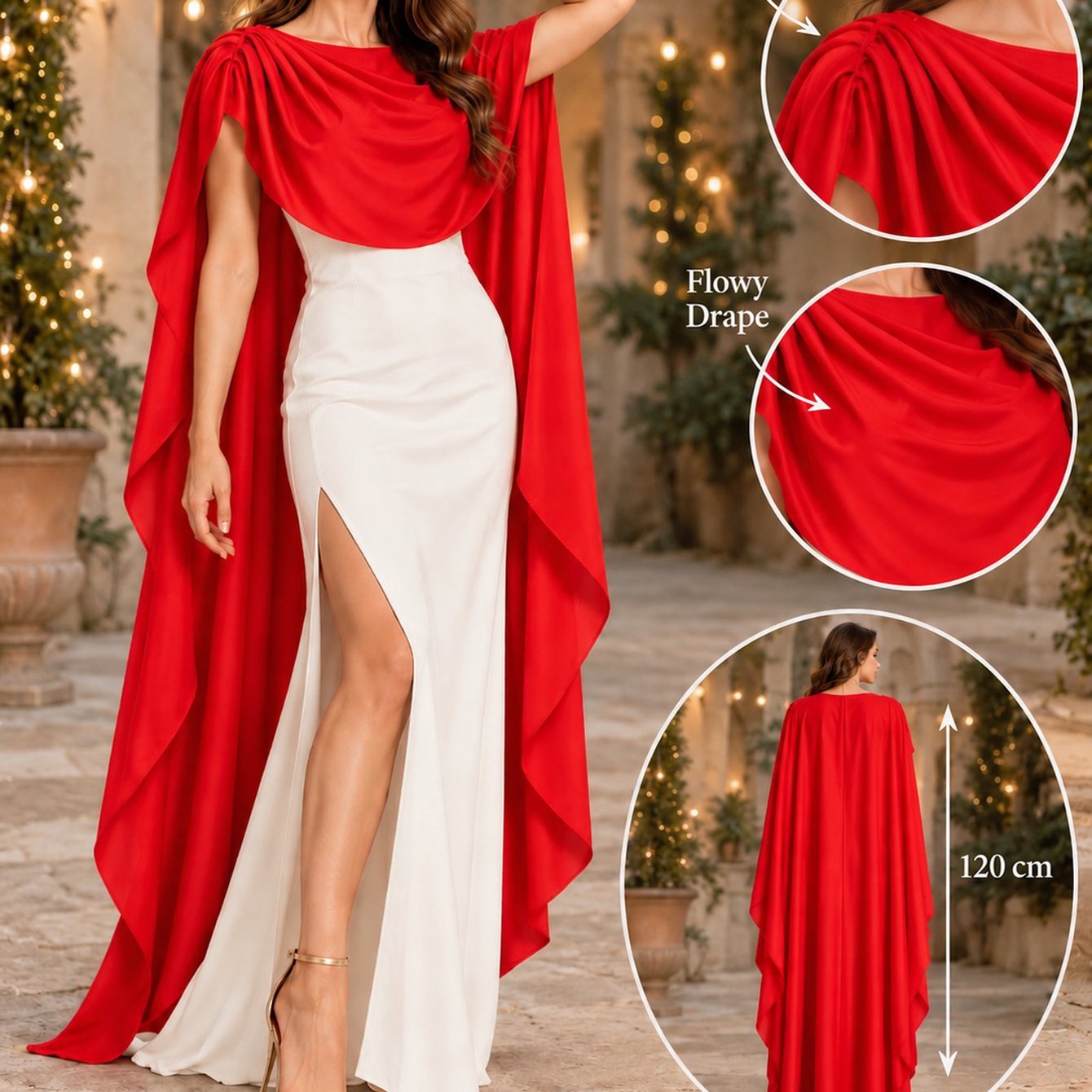 TEMU Red Long Flowy Shawl Cape For Adult Women, Elegant Cape-style Outerwear For Dresses, Christmas New Year's Eve Christmas Eve Dinner Wedding Guest