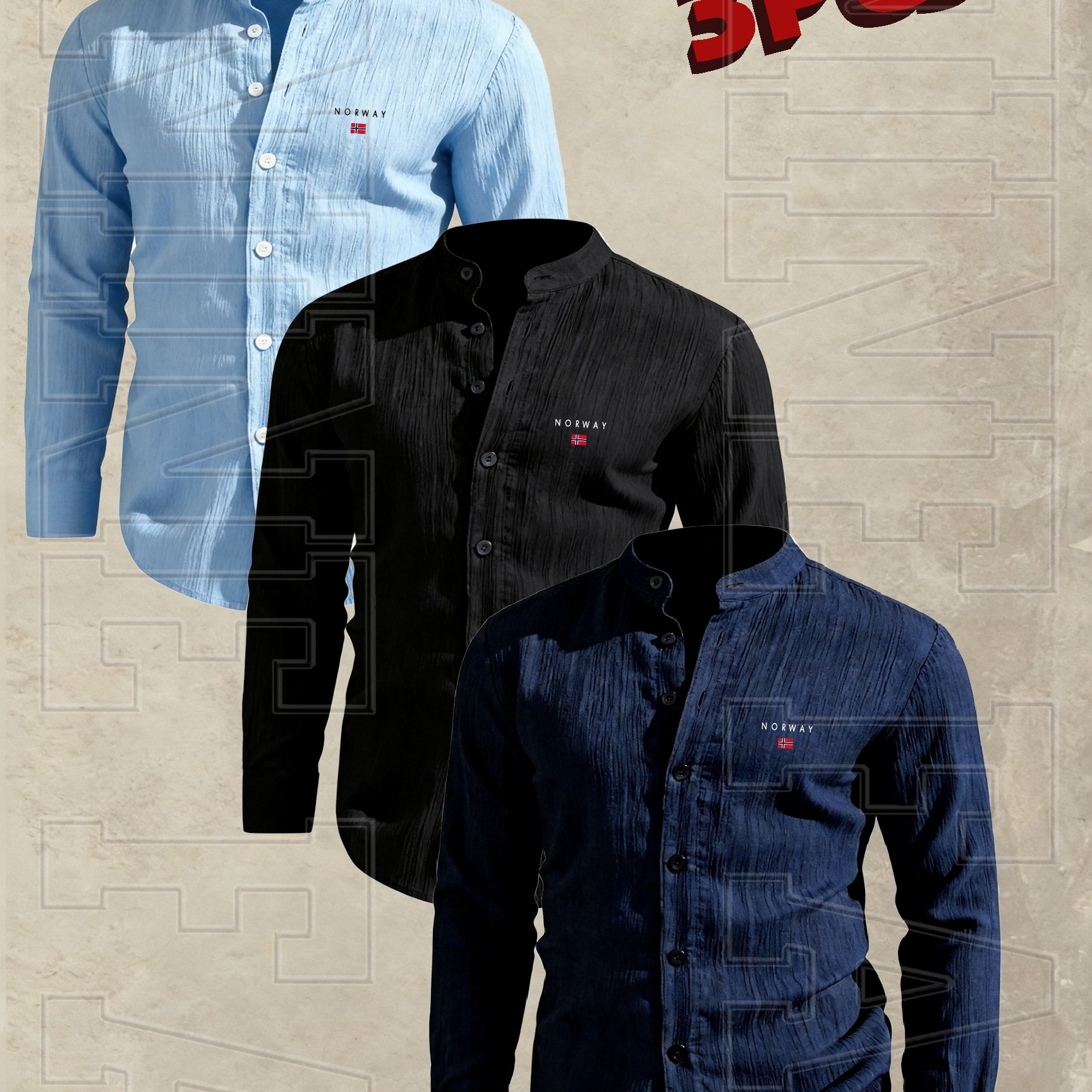 TEMU [qiaoximei Obm] 3pcs Set, Men's Clothing -collar Solid Color Long Sleeve Shirt, Geometric Pattern Easy Stand-collar Design, Spring Autumn Winter