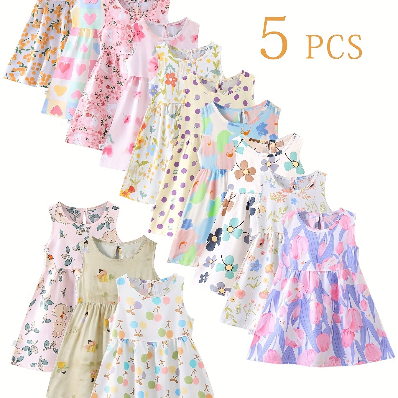 Image of Random 5pcs Girls Dresses, Sleeveless Midi A Line Loose Pleated Knee Length Princess Dress, Round Neck Sweet Basic Pullover Kids Dress, Floral Print Outfits For Outdoor Family Gathering Holiday Party