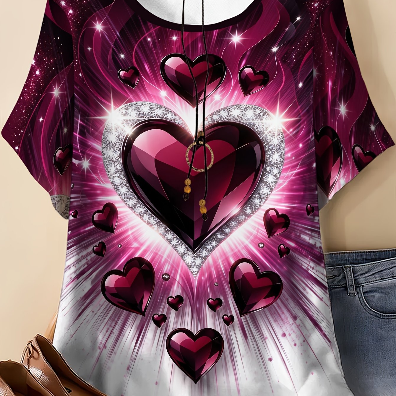 TEMU Plus Size - Plus Size - Plus Size Women's T-shirt Pattern Print, Round Neck Short-sleeved Summer Background Crystal Heart Print Romantic Top
