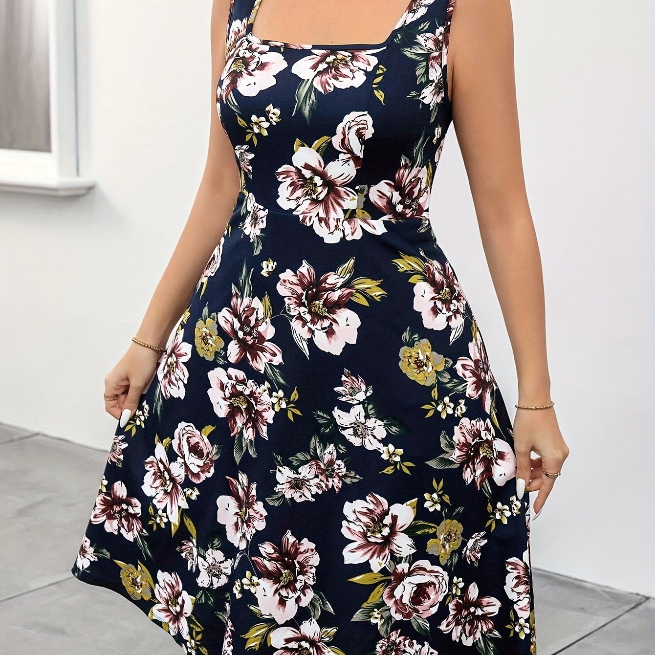 Plus Size, Summer Plus Size Women's Floral Print Elegant Vacation Vest Dress