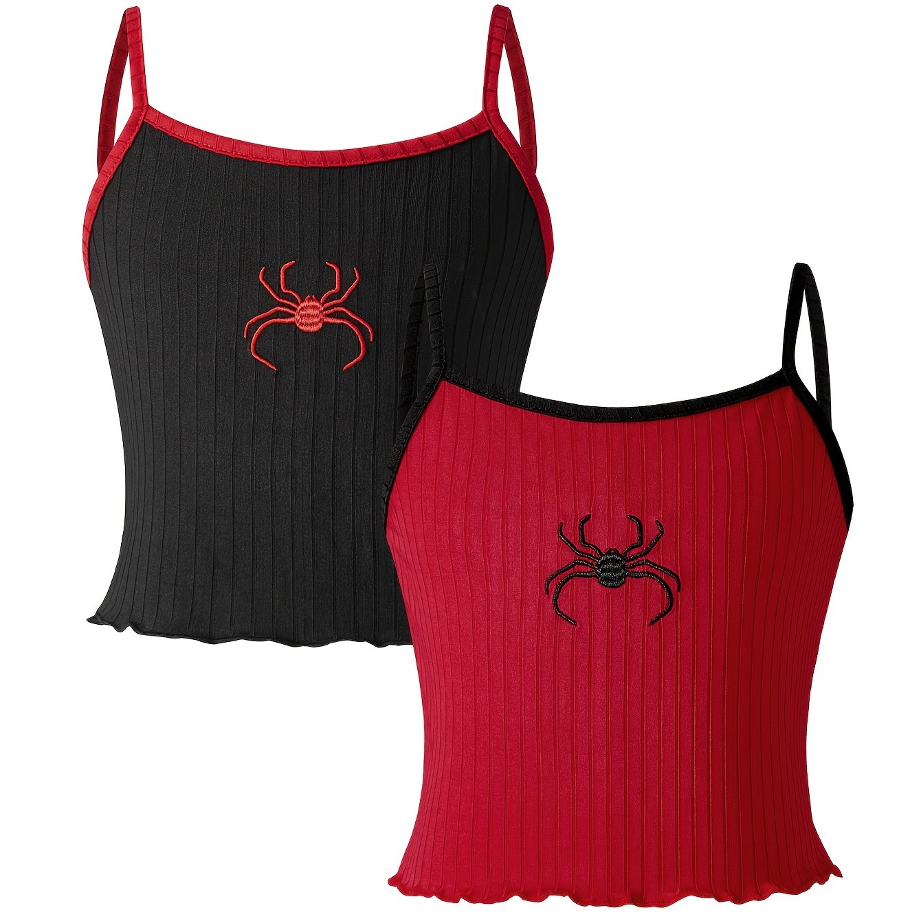 Image of 2pcss Set: Girls' Spider Pattern Embroidery Contrast Cami Tank Tops 2-pc, Kids' Fashion Casual Athletic Vests 2pcss, Suitable For Outdoor Activities, Ages 3+