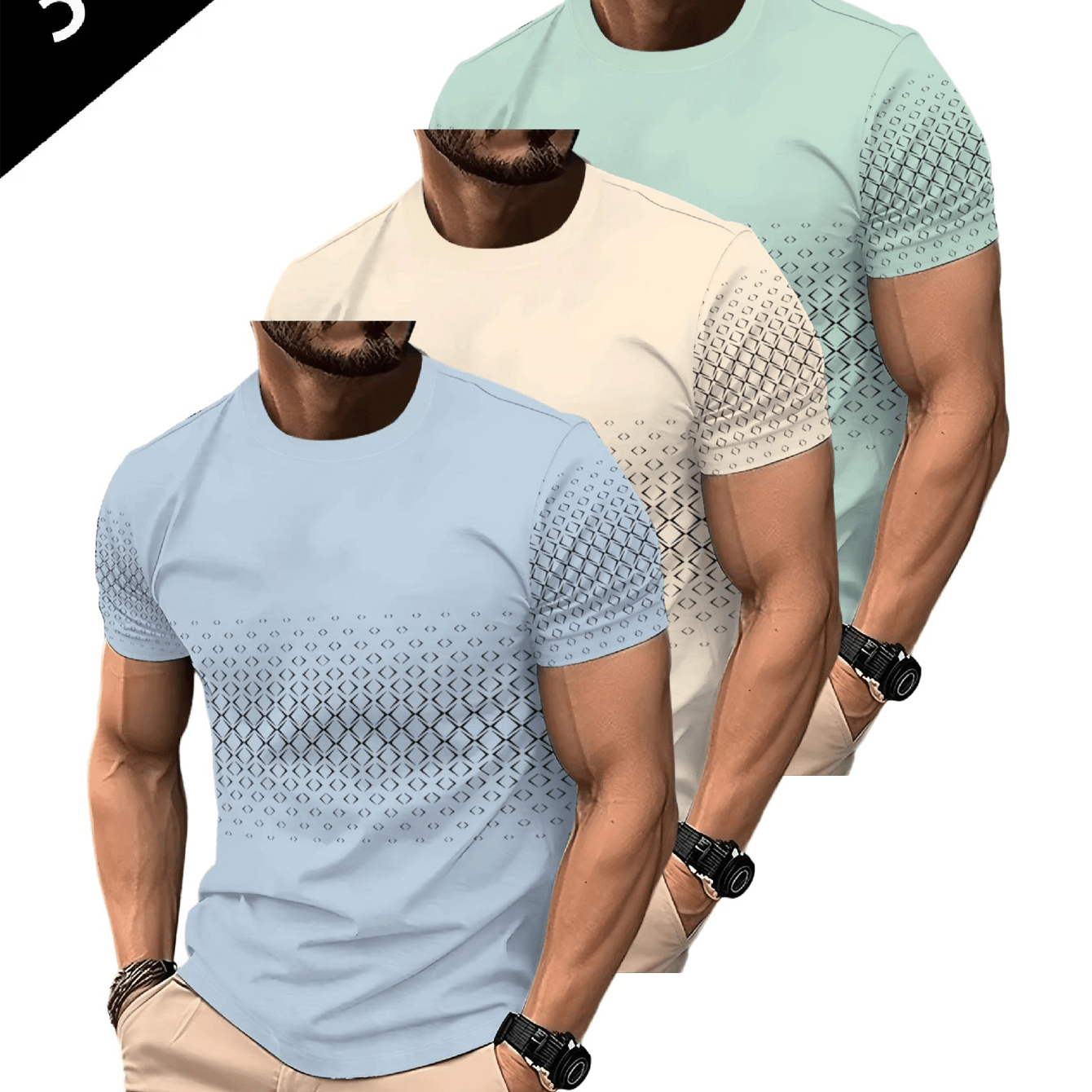 TEMU 3pcs Set Light Blue//light Green Gradient Checkered Short Sleeve T-shirt, Lightweight And Breathable, Suitable For Casual Daily Wear And