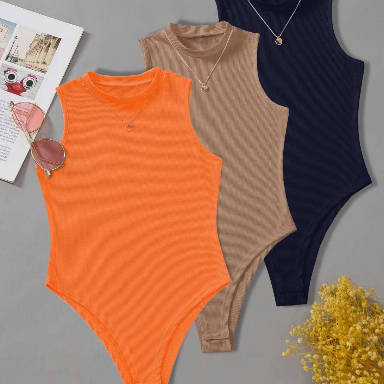 TEMU New Women's 3pcs Set, Spring Summer Autumn Casual Solid Color Round Neck Bodysuit