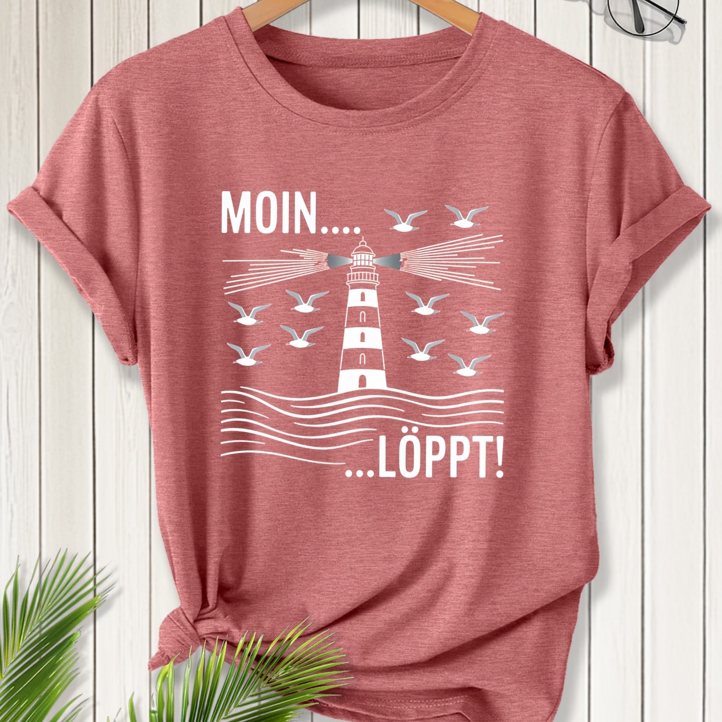 E-shop Elegantes Damen T-Shirt mit kurzen Ärmeln im Strand-Stil, MOIN Möwen-Print, Rundhalsausschnitt, geeignet für Frühling, Sommer, Herbst, modisches