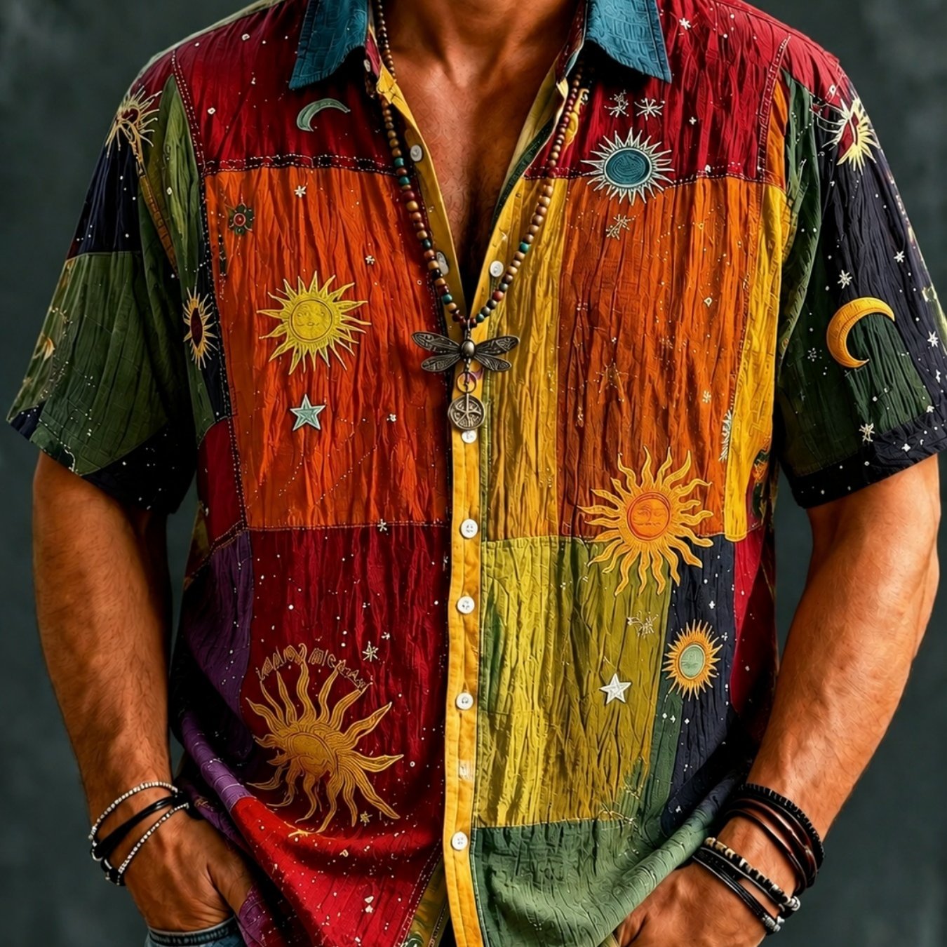 TEMU Western Men's Lapel Short Sleeve Shirt, , Celestial Elements Bohemian Print Full Print Top, Youth Fashion, Suitable For Daily Casual, Outdoor