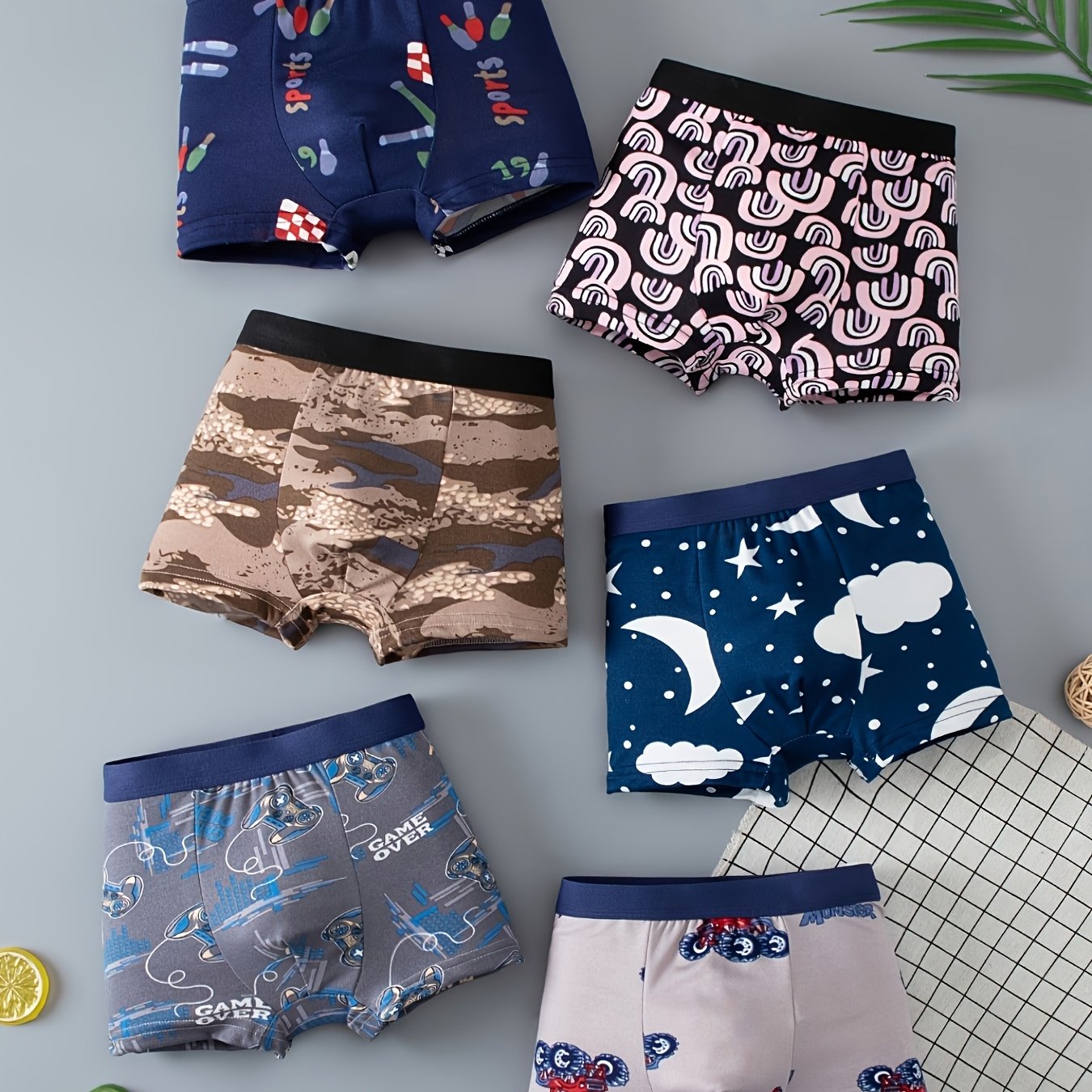 TEMU 6pcs Boys' Underwear, Summer Kids Baseball Star Moon Print Boxer Briefs For Boys, Elastic Waistband Soft Comfortable Youth Underpants, Casual