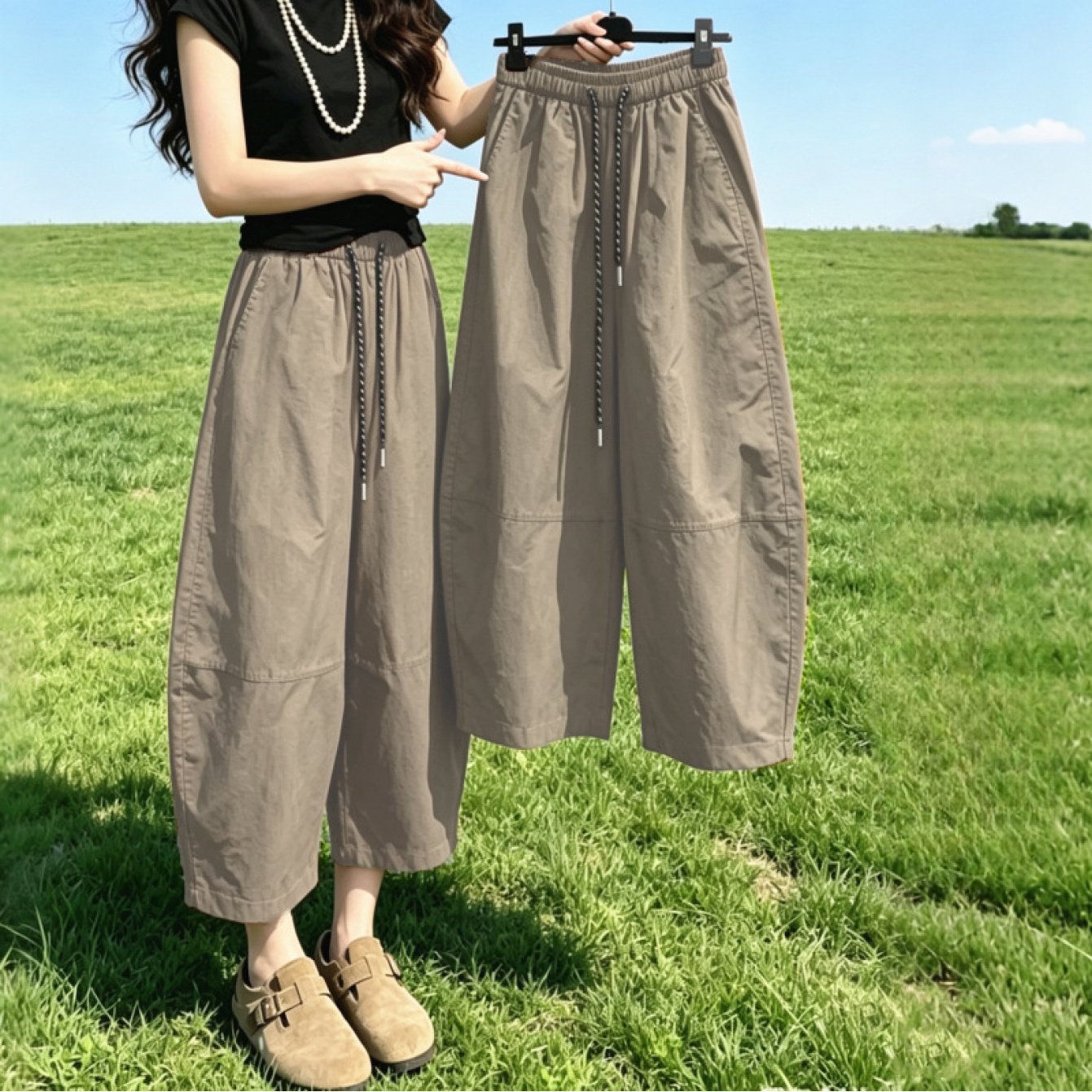 TEMU 【商品名】トでアーリーなドローのゴムウエストのカジュアルパンツ、ルーズなカーブしたワイドレッグパンツ（レディース）、軽量