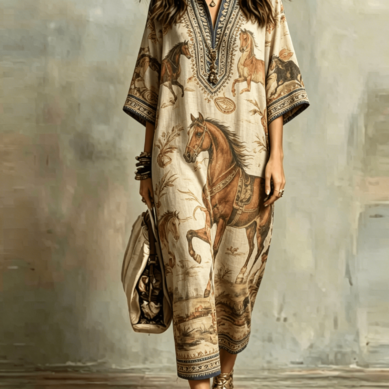 Plus Size - Vintage Horse Scenery Ethnic Border Print Lapel -sleeve Loose Maxi Dress, -friendly Western Style Vacation Long Dress Perfect Gift Pick