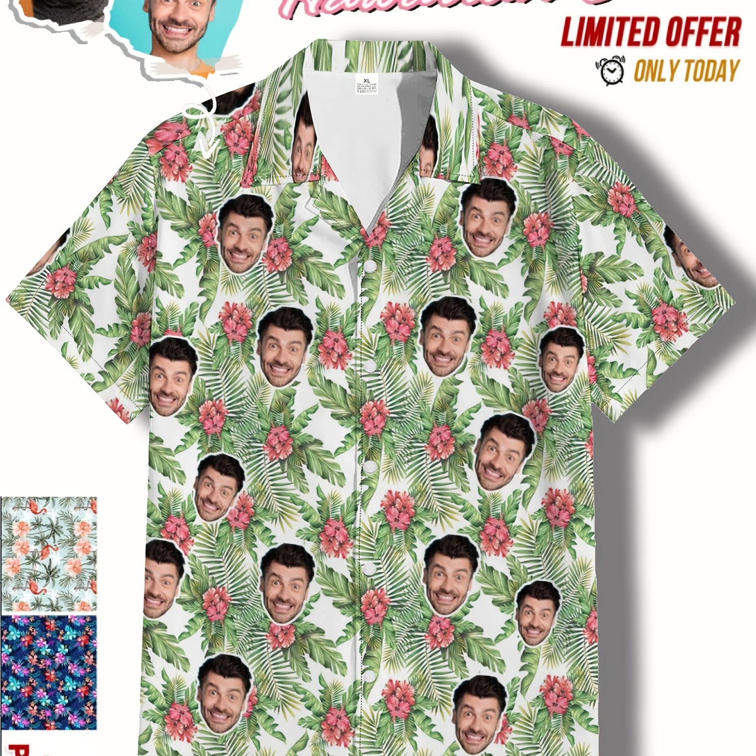 TEMU Customizable Hawaiian Shirt For Men - Personalized Photo Print, Vibrant With Pineapple & Hibiscus, Short Sleeve, Button-up, Lightweight Summer