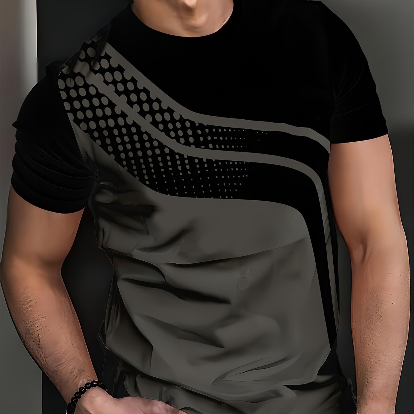 TEMU Fashionable Men's Color-blocking Short-sleeved T-shirt, With Curved Stripes And Circular Pattern Prints, A Fashionable And Comfortable T-shirt,