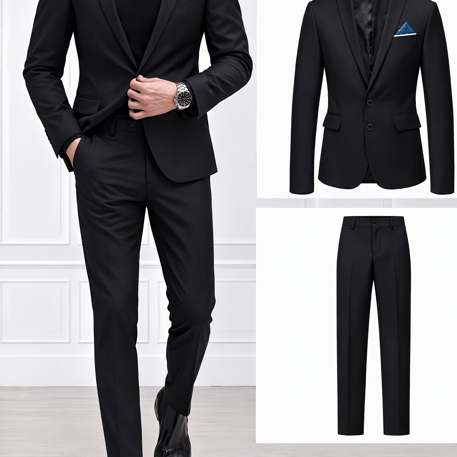 TEMU Ensemble pièces pour homme, veste et pantalon, tenue décontractée tendance pour mariage (motif de pochette carrée aléatoire expédié)