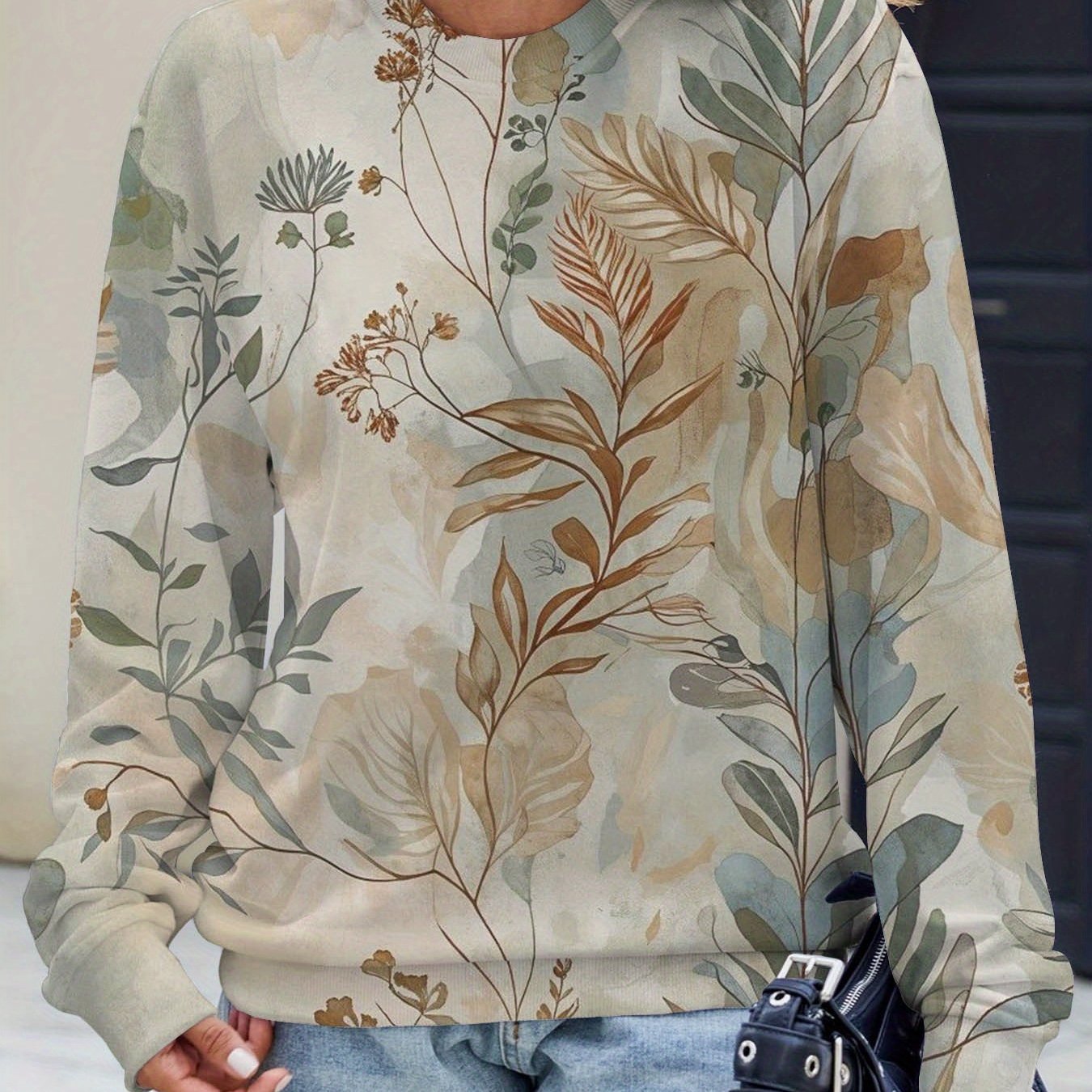 TEMU Plus Size, Plus Size Women's Floral And Leaf Print Crew Neck Sweatshirt - Loose Fit Thickened Pattern Sweater, Casual Layering Sweater, Machine