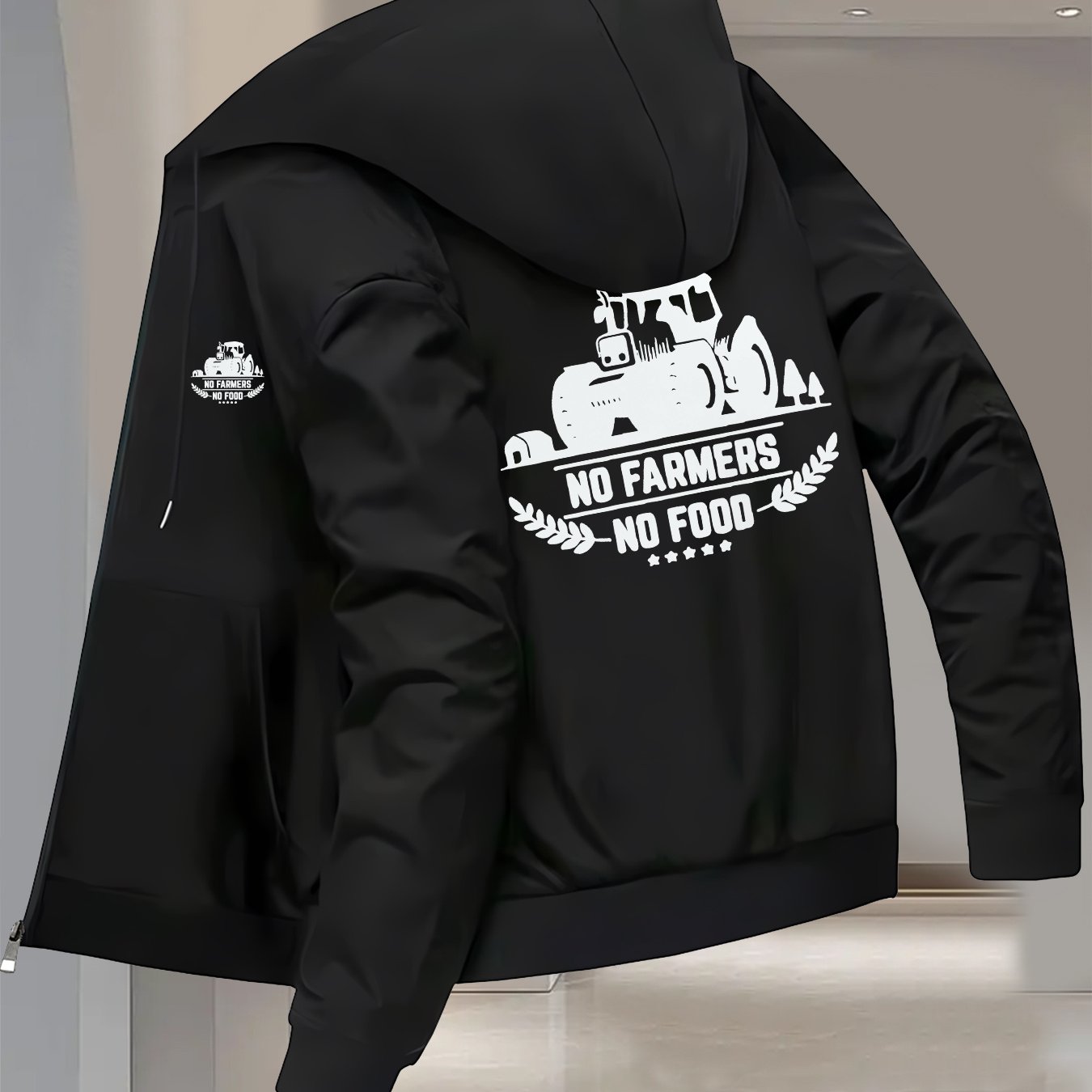 TEMU Men's Trendy Autumn/winter Hooded Jacket With "no Farmer No Food" Print, Men's Business Baseball Jacket With Collar Versatile Top, Hooded