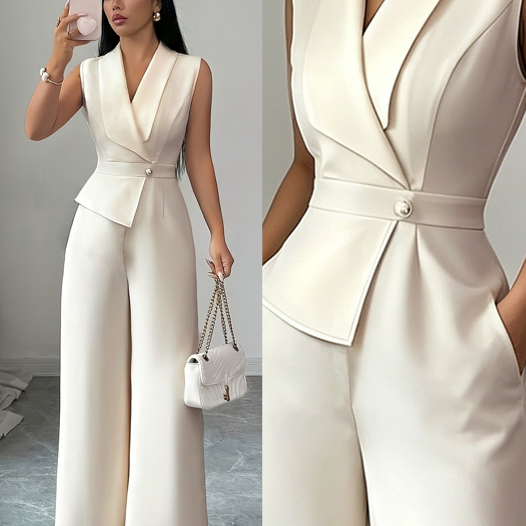 TEMU Combinaison professionnelle et tendance Elenzga de couleur unie, coupe de costume à col en V, ceinture, convient pour , les réunions, les