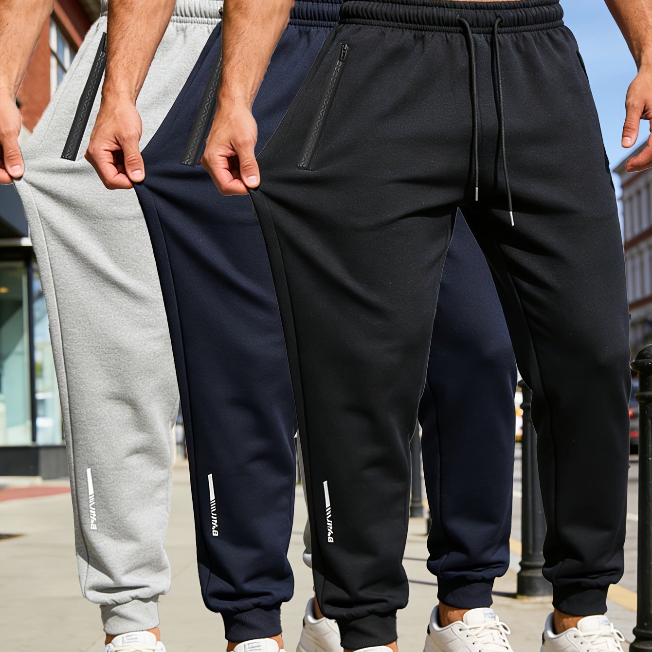 TEMU Men's Casual Sports Pants 3-pc | Zippered Pockets, Drawstring Waist, Solid Color Joggers For Spring/fall, Casual Wear, Fitness, And Outdoor