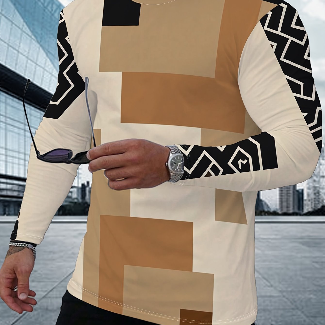 TEMU Long-sleeved Top, Featuring A Unique In Brown And White Tones