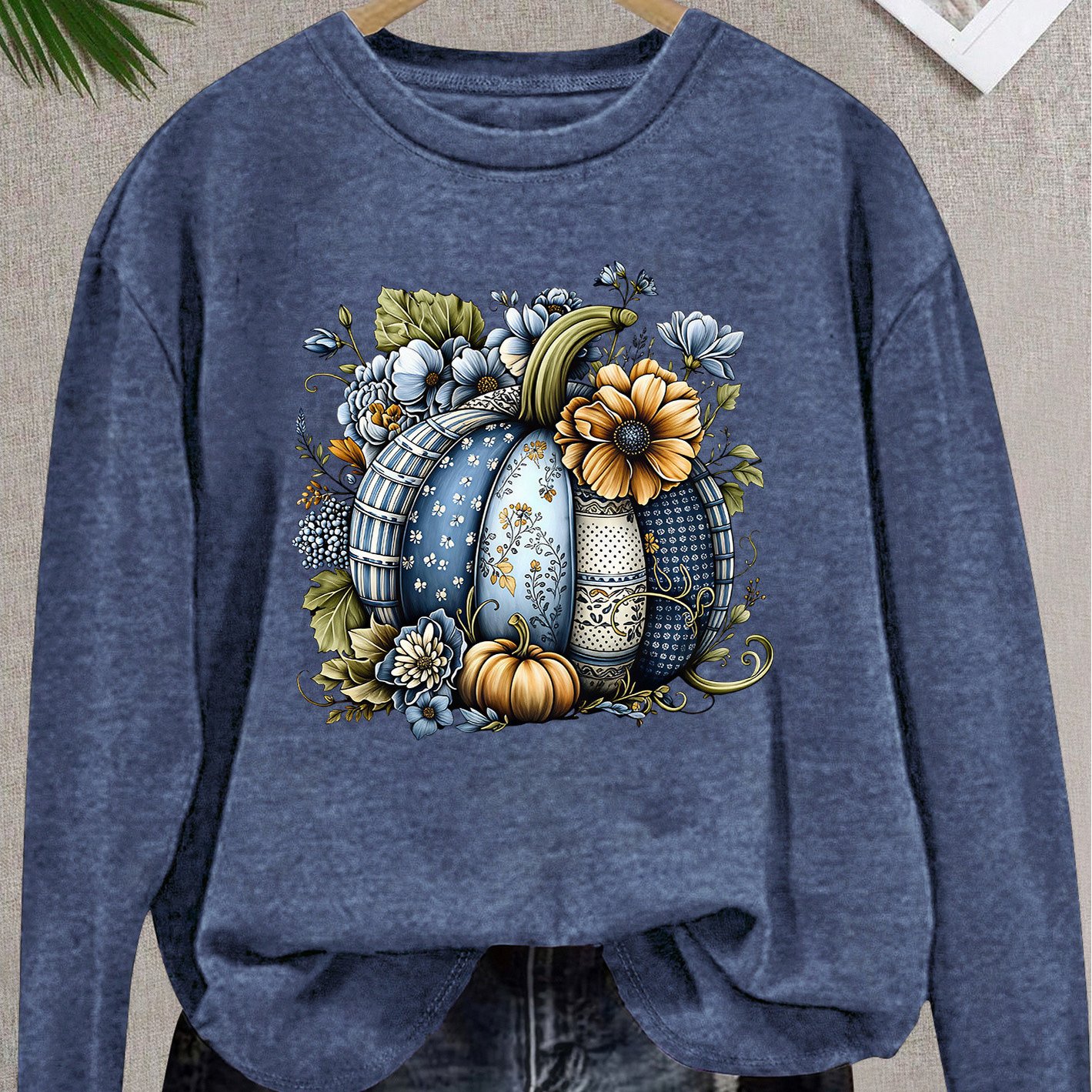 TEMU Plus Size - Plus Size[thanksgiving] Women's Elegant , Vintage Pattern Pumpkin Blue And Yellow Floral Print Fashionable Elegant Women's Spring,