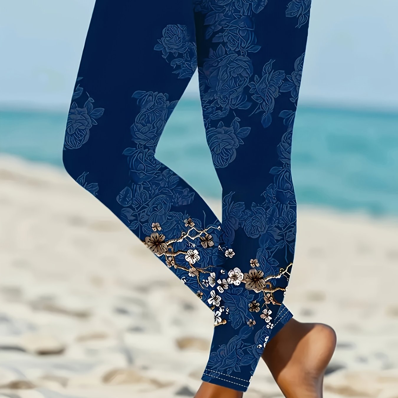 TEMU Plus Size - Women's Plus Size Floral Print Leggings With Elastic Waistband - Navy & Golden Accents, Medium--washable Pants For , Elegant Casual
