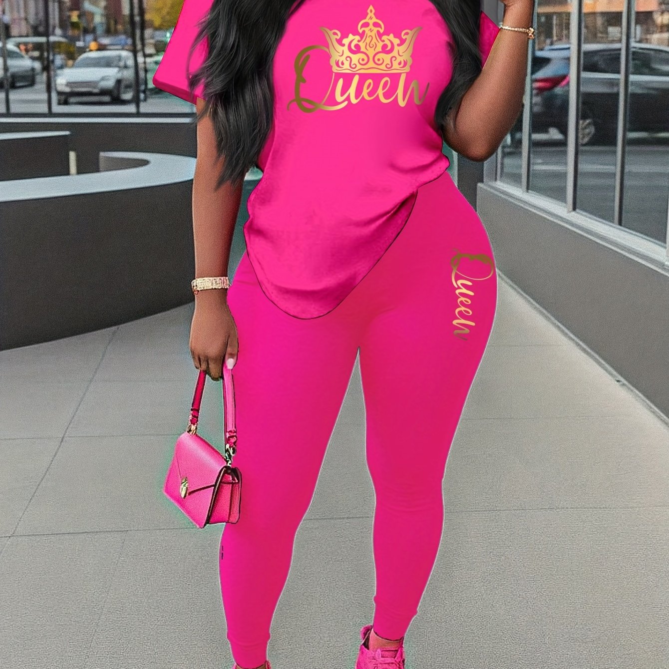 TEMU Letter Print 2 Piece Set, Short Sleeves T-shirt & Leggings, Women's Clothing