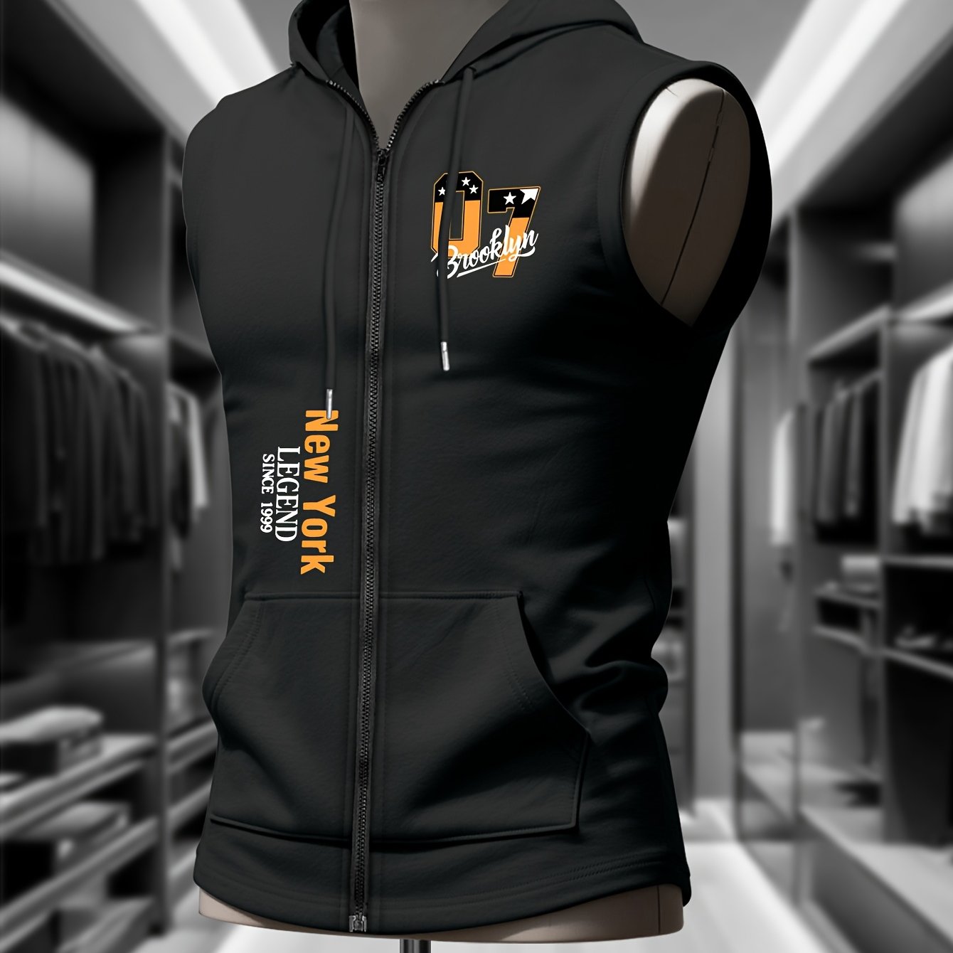 TEMU Brooklyn Legend Urban Style Zippered Hooded Sports Vest With Front City Logo And Year Print